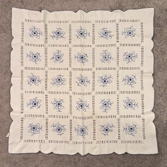 Vintage Embroidered Flowers Tablecloth 31” Square - Picture 1 of 5